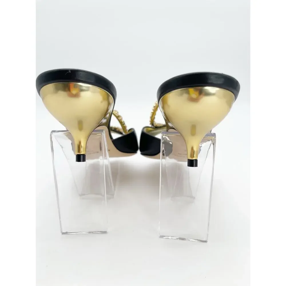 Manolo Blahnik Astria Black Gold Leather Crystal Ring Slide Mule Sandals IT 39
